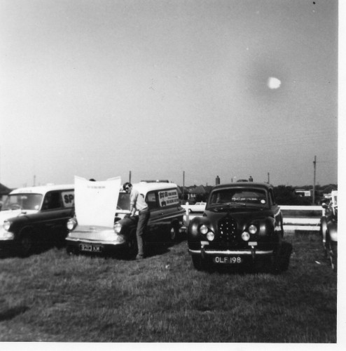 The two Anglia vans owned by Spa Engineering, one Hot &amp; one Cold!  So called because the Hot one had a 3lt Vauxhall straight 6 lump &amp; manual trans fitted.  It went rather well &amp; was my regular transport bacl &amp; forth to the Pod.  Thats Ian Penberthy, the editor of Drag Racing &amp; Hot Rod Magazine &amp; then Hot Rod &amp; Custom UK, leaning over the wing.