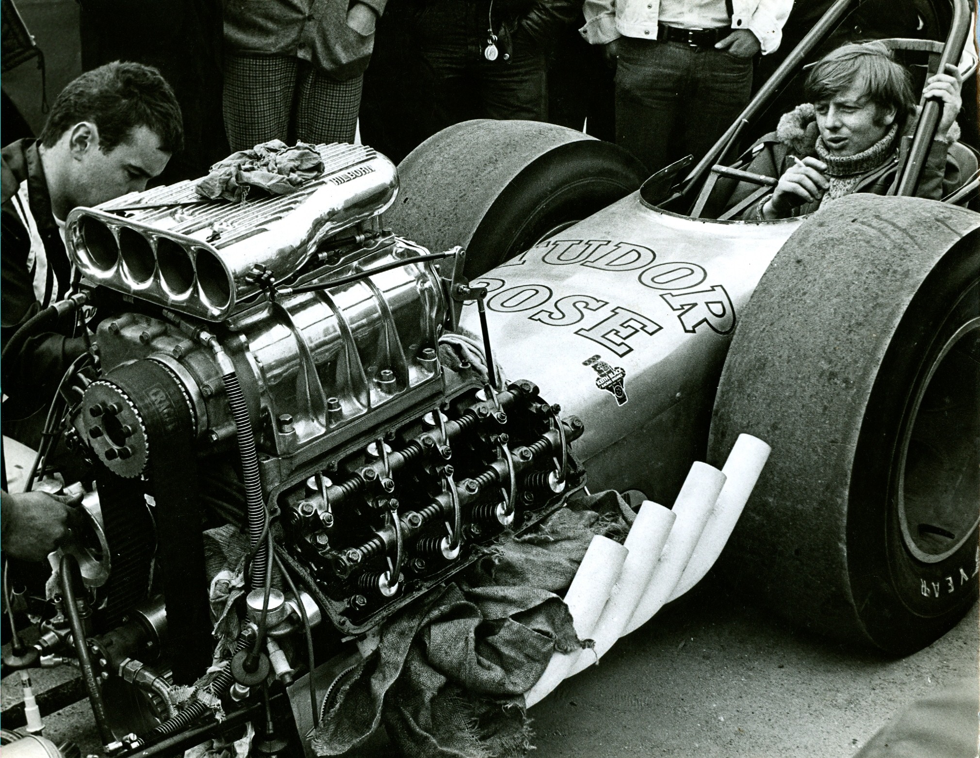 Tudor Rose undergoing Engine work  1968 at Santa pod Peter Tempest pic.jpg