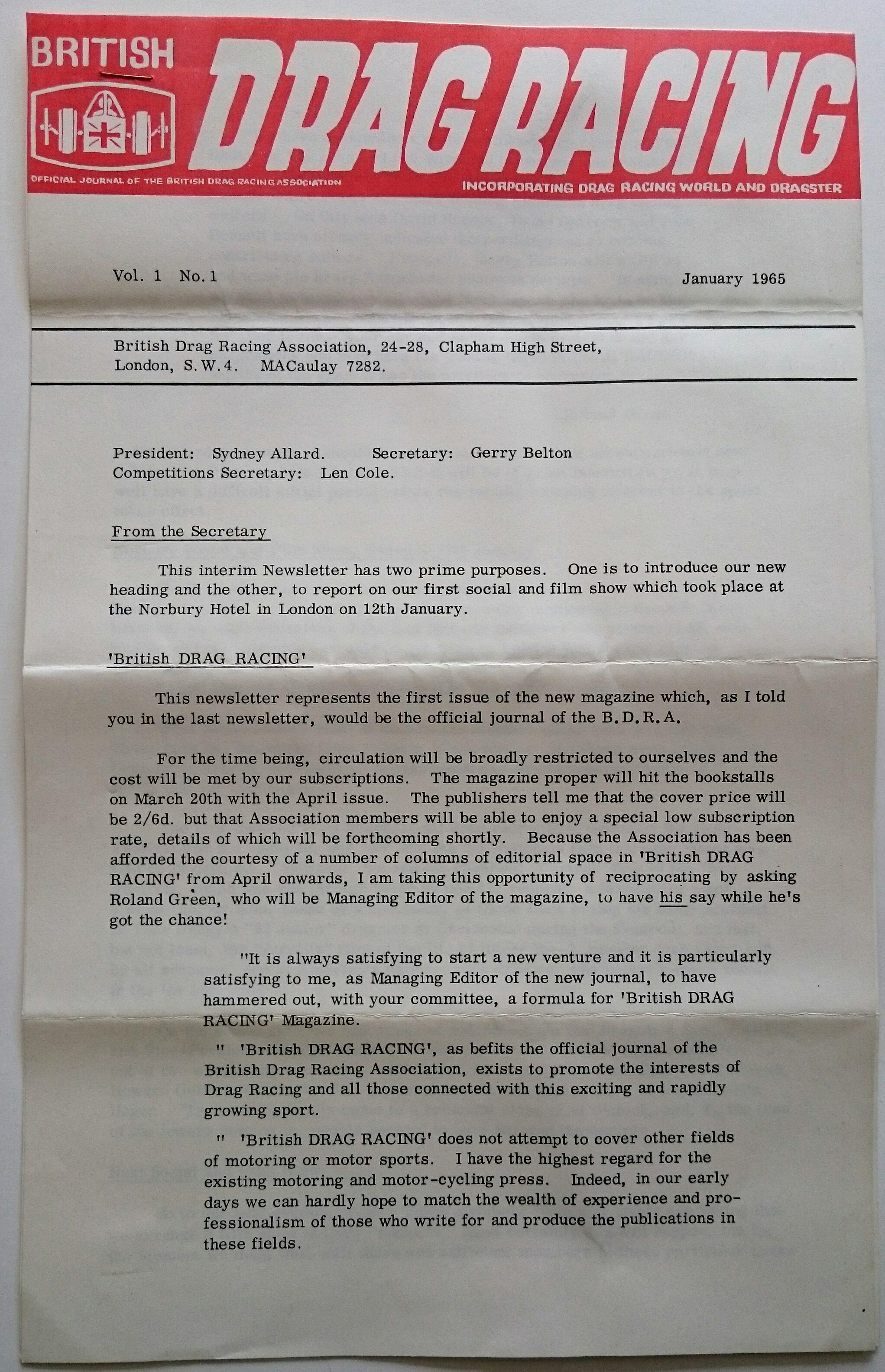 British Drag Racing newsletter/magazine vol. 1 no.1 Jan 1965 page 1