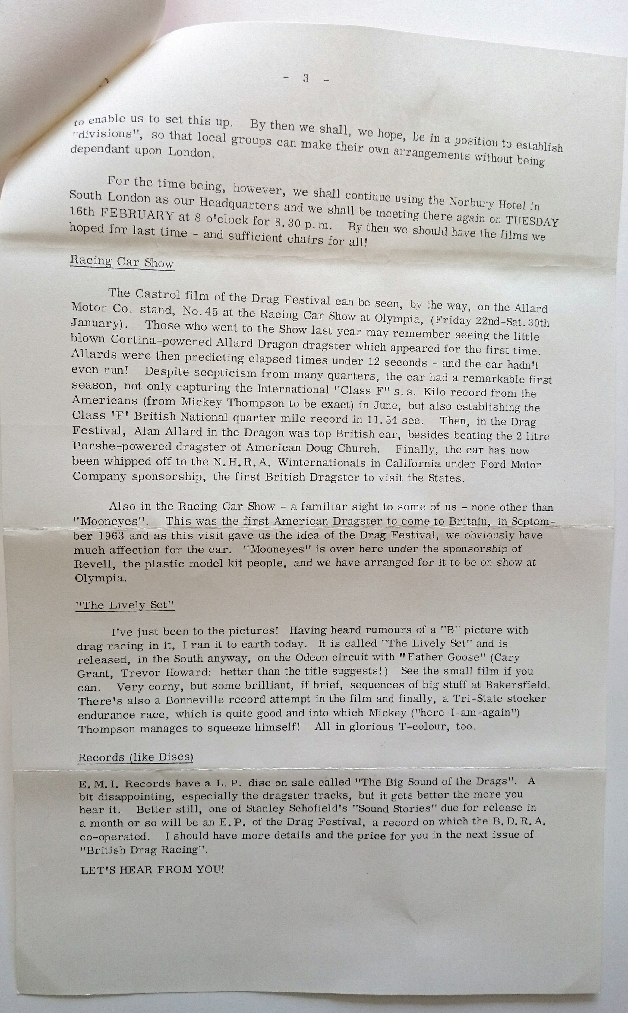 British Drag Racing newsletter/magazine vol. 1 no. 1 Jan 1965 page 3